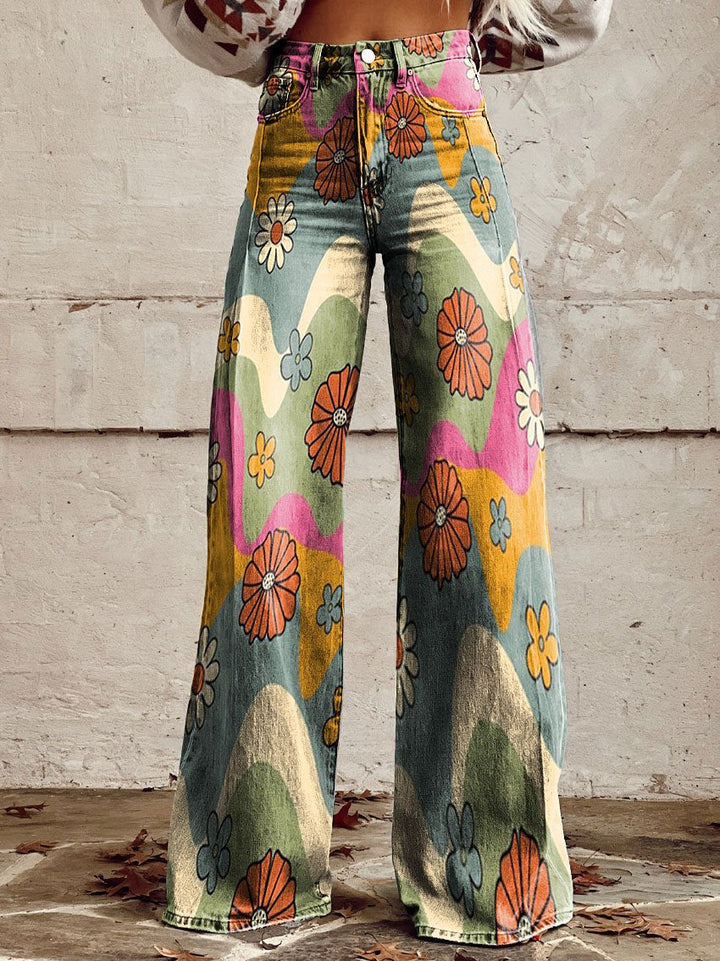 Comfortable women’s wide-leg jeans – floral print design, cotton blend, for casual outings