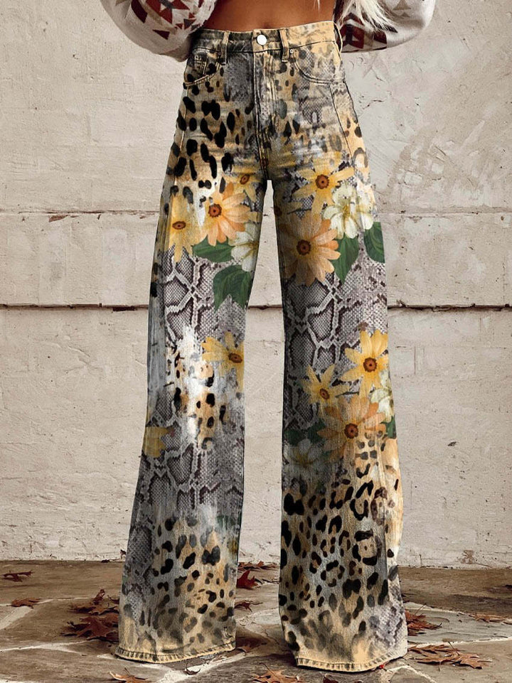 Comfortable women’s wide-leg jeans – floral print design, cotton blend, for casual outings