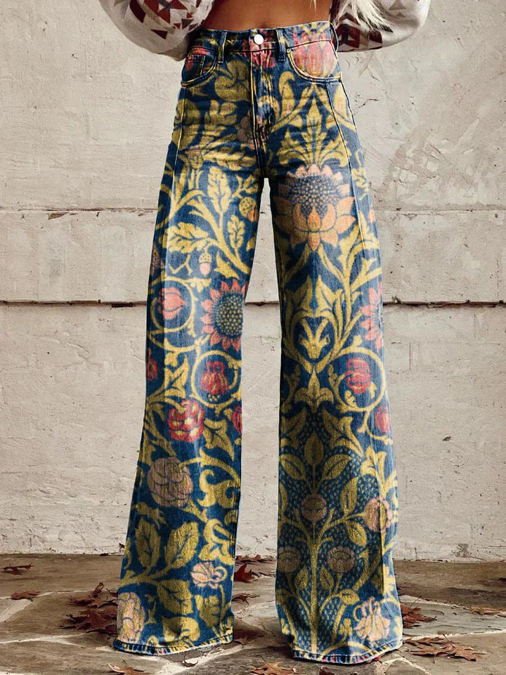 Comfortable women’s wide-leg jeans – floral print design, cotton blend, for casual outings