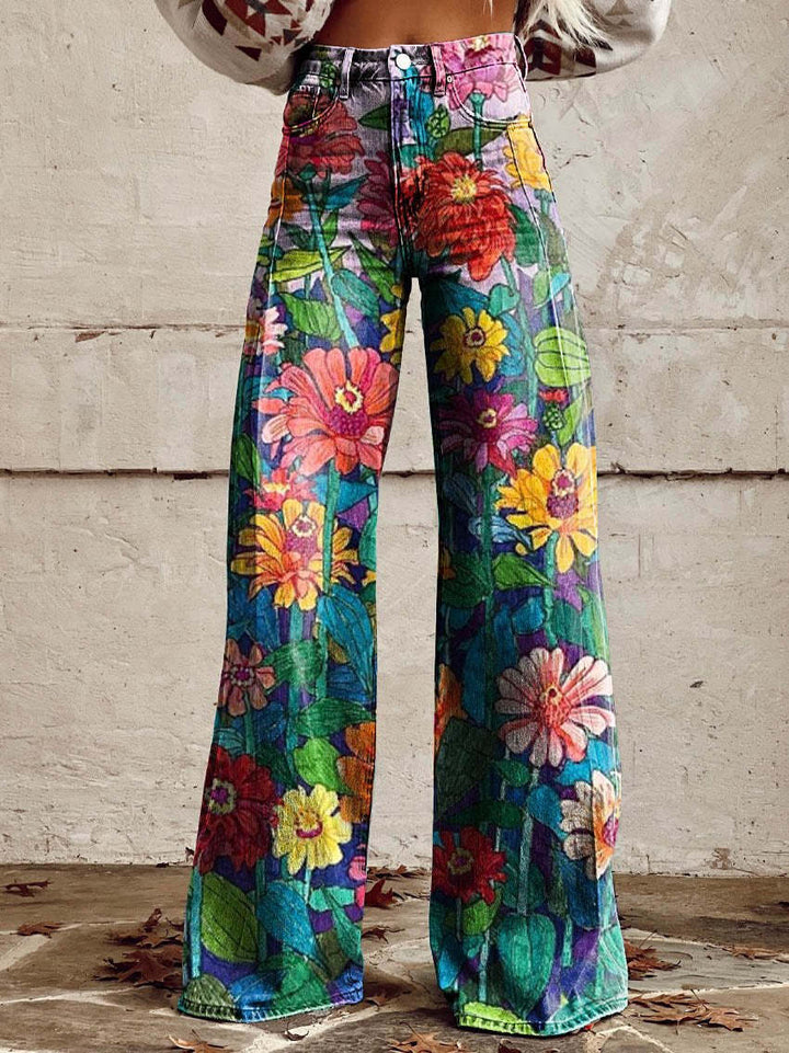 Comfortable women’s wide-leg jeans – floral print design, cotton blend, for casual outings