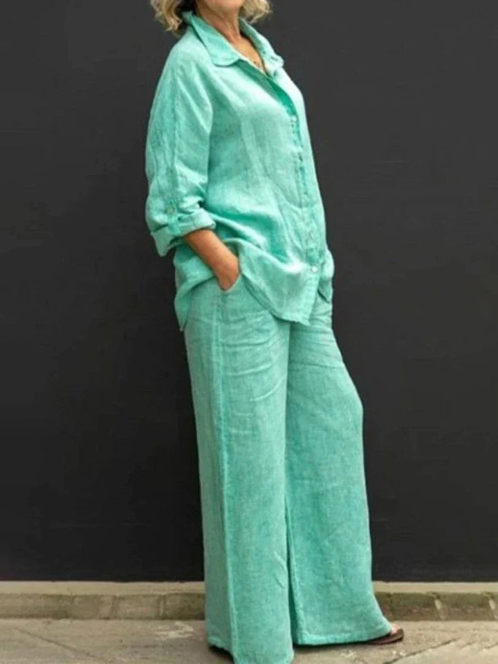 Breathable women’s linen set – relaxed top with matching wide-leg pants, for everyday and special occasions