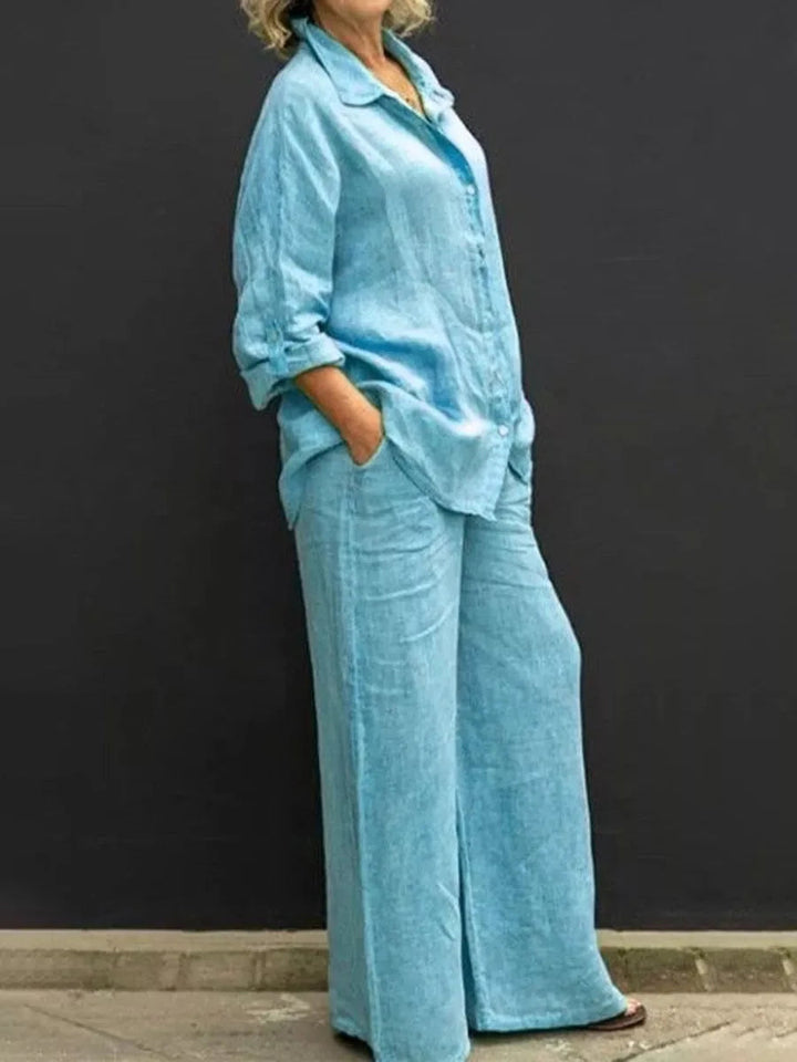 Breathable women’s linen set – relaxed top with matching wide-leg pants, for everyday and special occasions