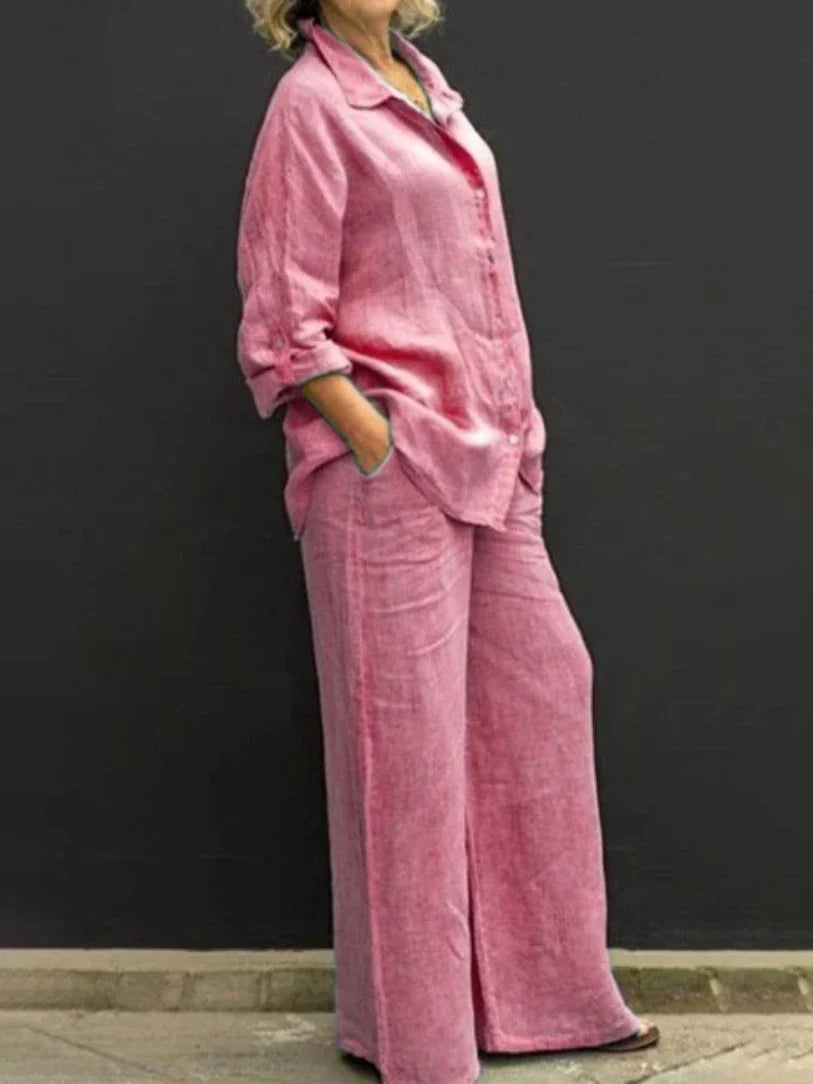 Breathable women’s linen set – relaxed top with matching wide-leg pants, for everyday and special occasions