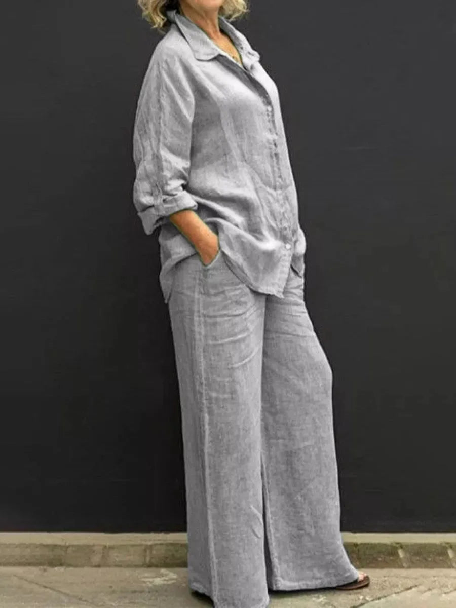Breathable women’s linen set – relaxed top with matching wide-leg pants, for everyday and special occasions