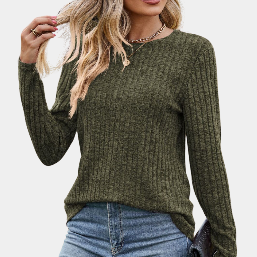 Breathable women’s ribbed long sleeve t-shirt – round neck, high-quality cotton, ideal for spring and summer