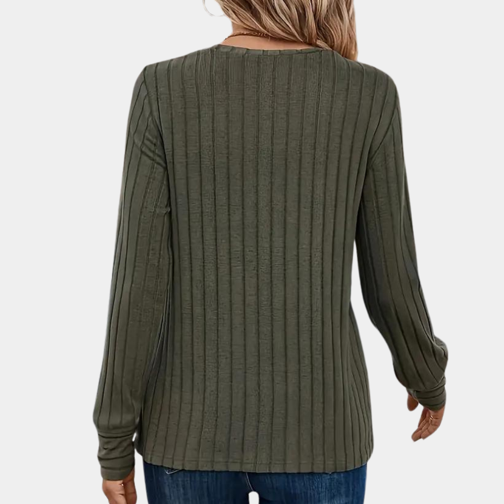 Breathable women’s ribbed long sleeve t-shirt – round neck, high-quality cotton, ideal for spring and summer