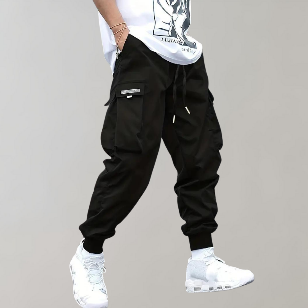 Relaxed Fit Black Cargo Pants for Men, Breathable and Flexible Casual Trousers with Functional Pockets