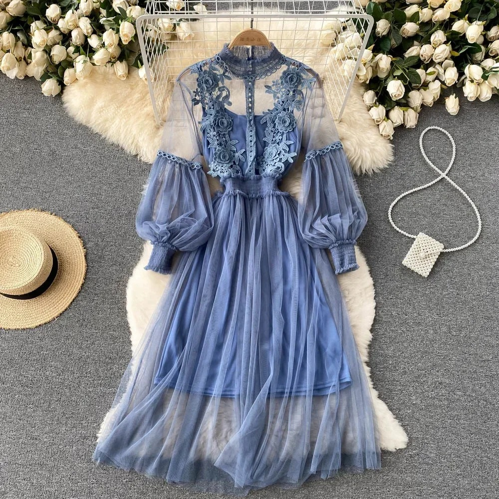 Elegant Floral Midi Dress for Women with Lantern Sleeves and Upright Collar - Perfect for Summer Parties and Special Occasions