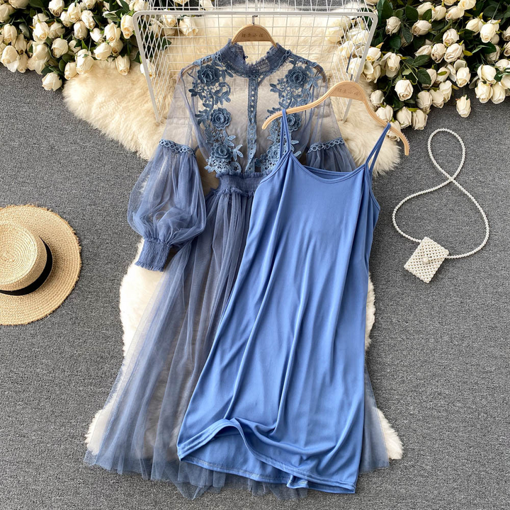 Elegant Floral Midi Dress for Women with Lantern Sleeves and Upright Collar - Perfect for Summer Parties and Special Occasions