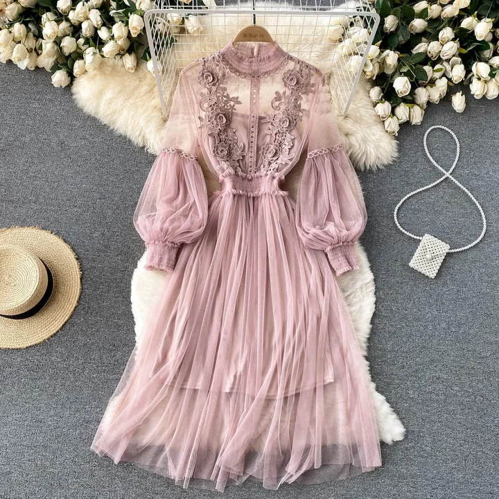 Elegant Floral Midi Dress for Women with Lantern Sleeves and Upright Collar - Perfect for Summer Parties and Special Occasions