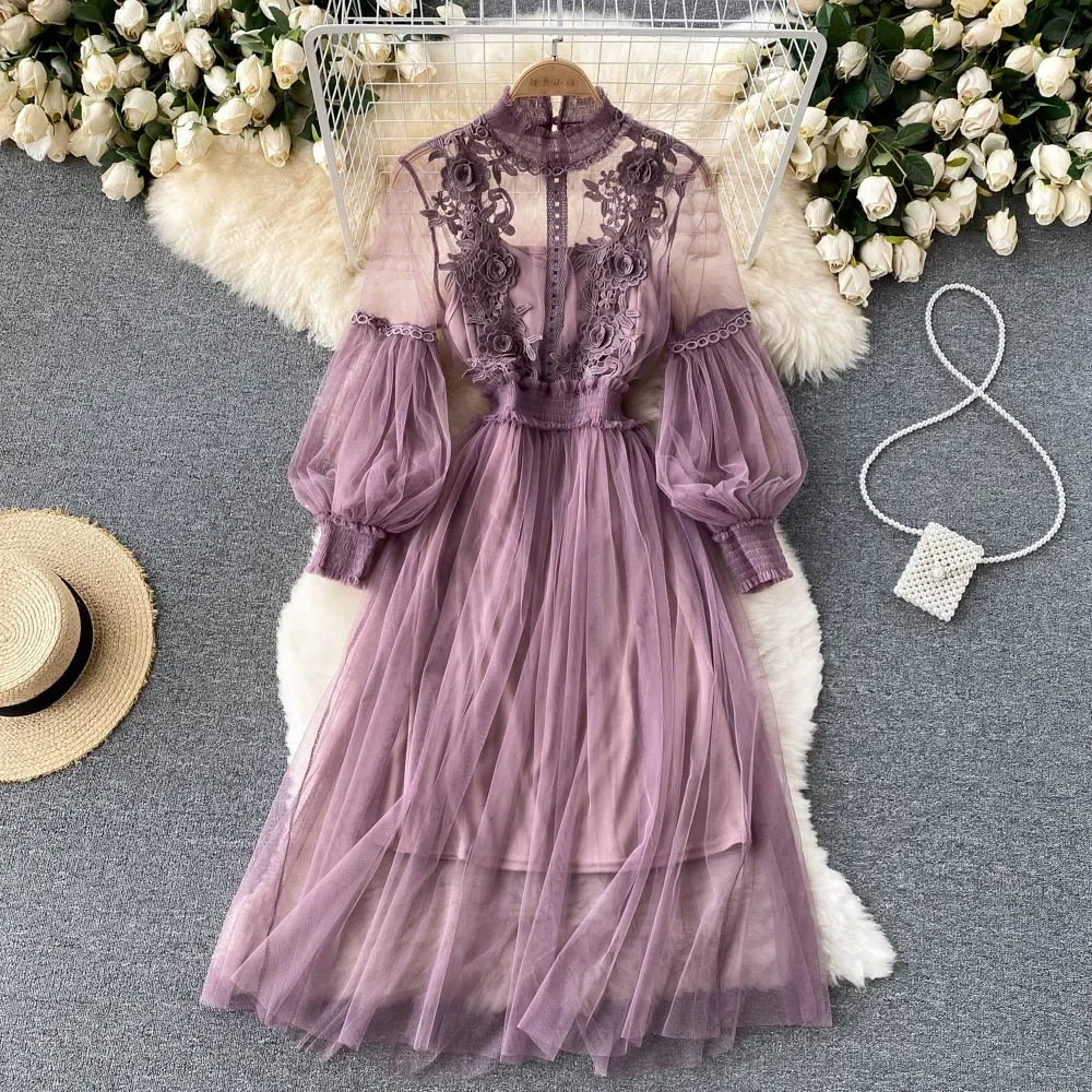 Elegant Floral Midi Dress for Women with Lantern Sleeves and Upright Collar - Perfect for Summer Parties and Special Occasions