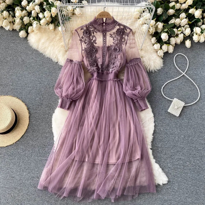 Elegant Floral Midi Dress for Women with Lantern Sleeves and Upright Collar - Perfect for Summer Parties and Special Occasions