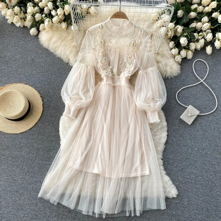 Elegant Floral Midi Dress for Women with Lantern Sleeves and Upright Collar - Perfect for Summer Parties and Special Occasions