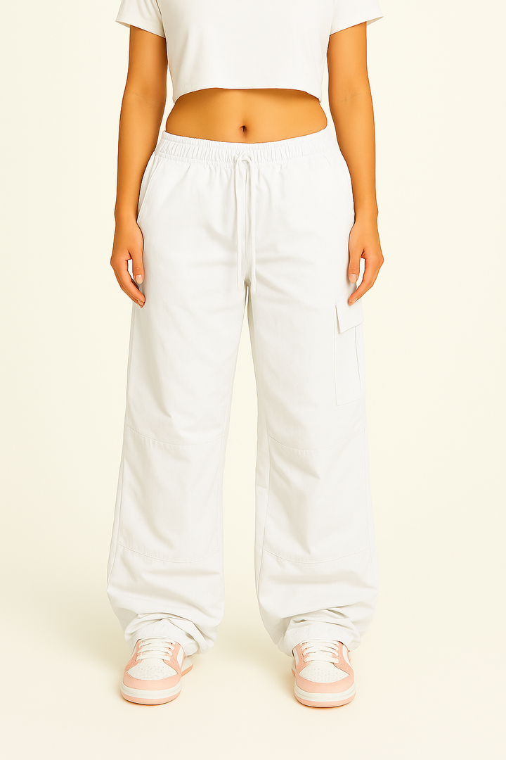 White Cargo Pants for Women with Adjustable Waistband and Functional Pockets, Modern Utilitarian Style