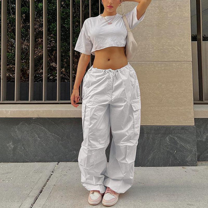 White Cargo Pants for Women with Adjustable Waistband and Functional Pockets, Modern Utilitarian Style