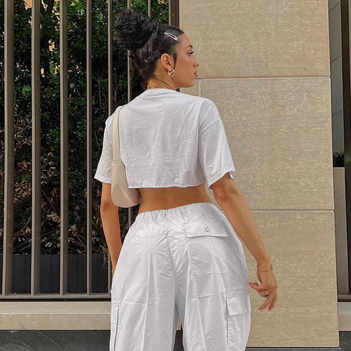 White Cargo Pants for Women with Adjustable Waistband and Functional Pockets, Modern Utilitarian Style