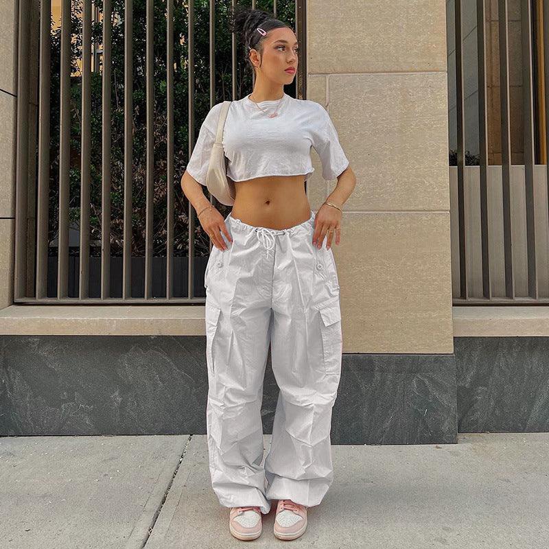 White Cargo Pants for Women with Adjustable Waistband and Functional Pockets, Modern Utilitarian Style