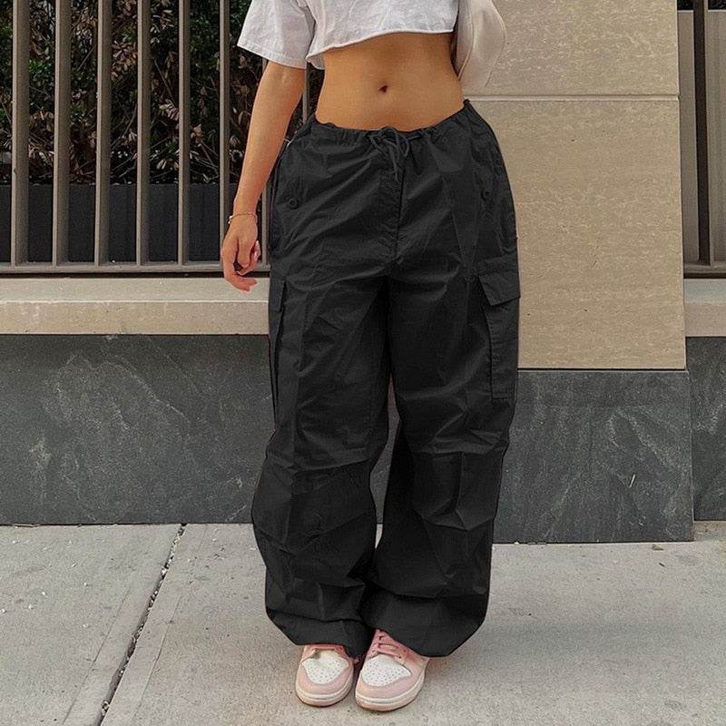 Black Cargo Pants for Women with Adjustable Waist, Multiple Pockets, and Relaxed Fit for Versatile Styling