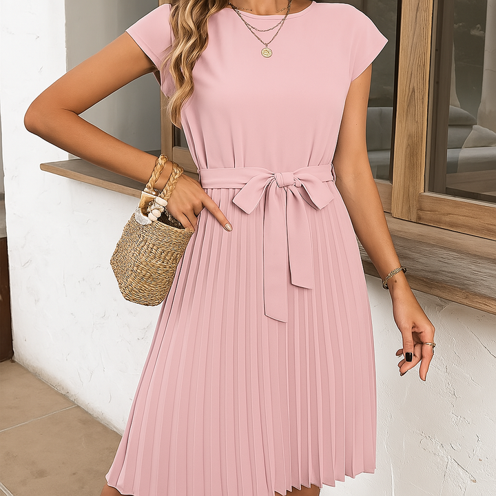 Short Sleeve Pleated Mini Dress for Summer Casual Wear - Elegant &amp; Comfortable Summer Dress for Everyday Style