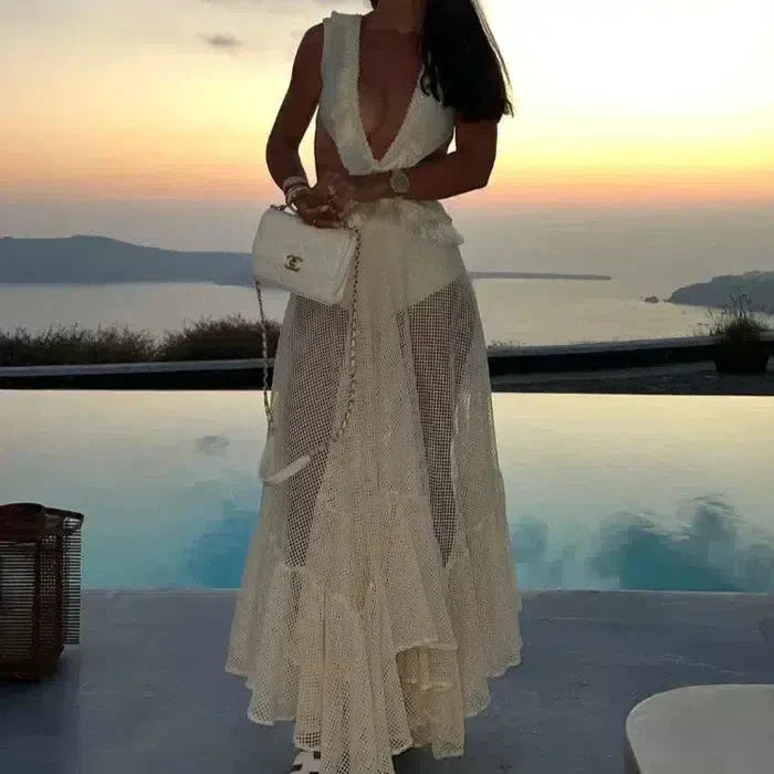Off-White Chiffon Maxi Dress for Women with Open Back and Embellished Star Detail, Elegant Long Dress for Formal Occasions