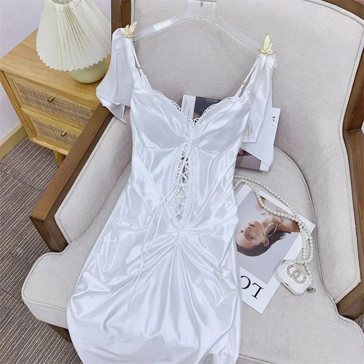 Elegant Backless Satin Summer Dress with Lace-Up Closure for Wedding Guests and Formal Events
