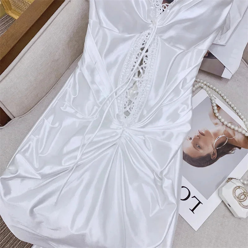 Elegant Backless Satin Summer Dress with Lace-Up Closure for Wedding Guests and Formal Events