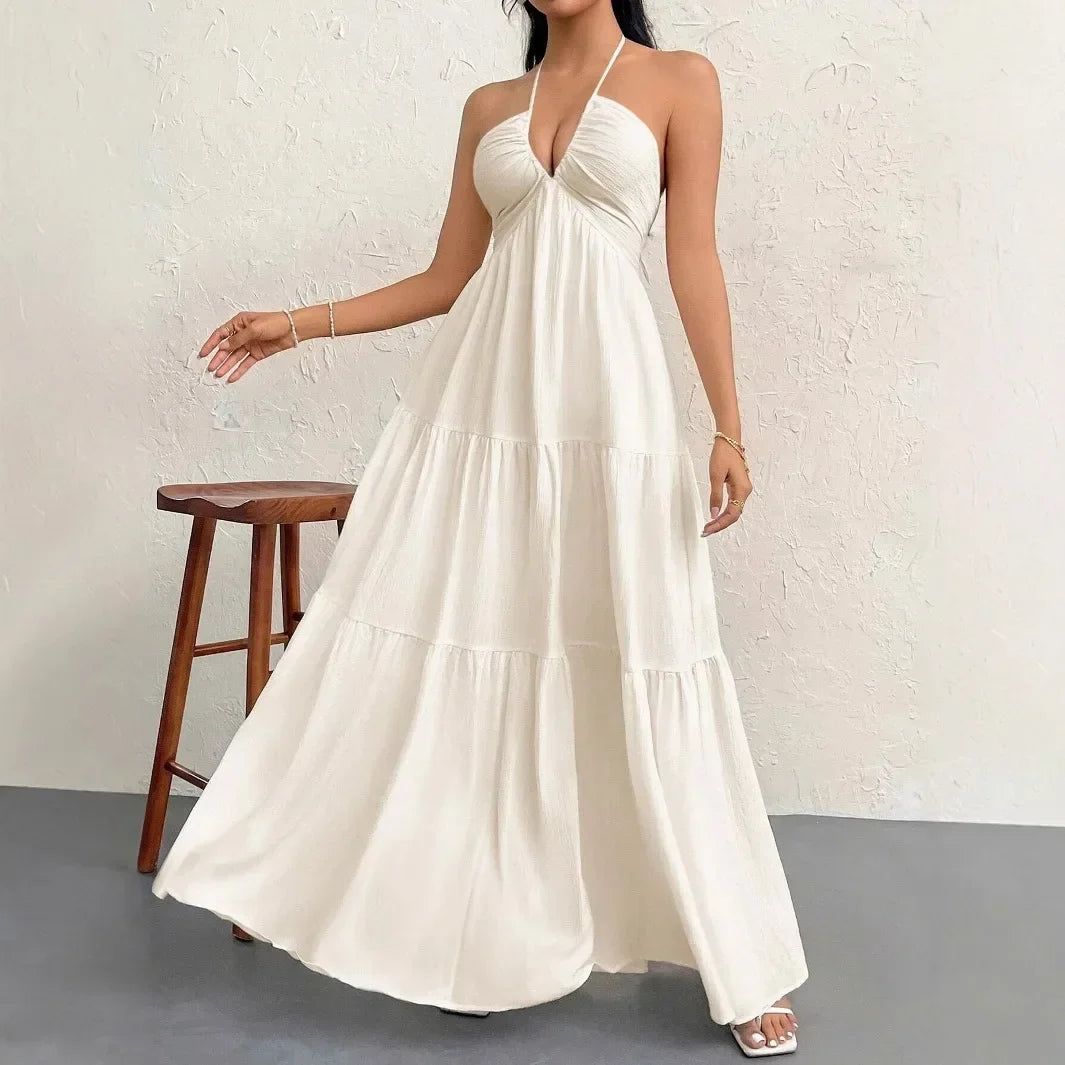 Elegant Backless V-Neck A-Line Dress for Women, Pleated Ankle-Length Summer Wedding Guest Dress