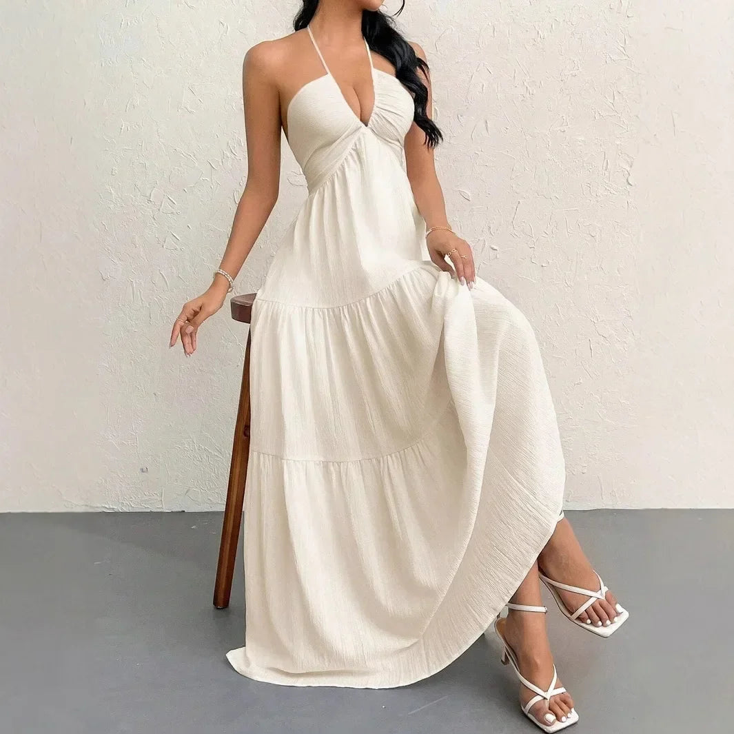 Elegant Backless V-Neck A-Line Dress for Women, Pleated Ankle-Length Summer Wedding Guest Dress