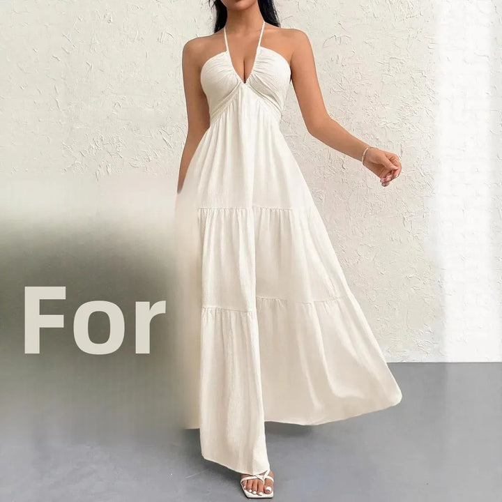 Elegant Backless V-Neck A-Line Dress for Women, Pleated Ankle-Length Summer Wedding Guest Dress