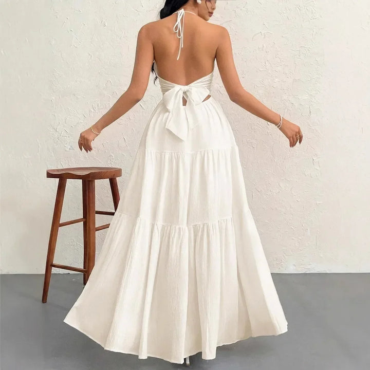 Elegant Backless V-Neck A-Line Dress for Women, Pleated Ankle-Length Summer Wedding Guest Dress