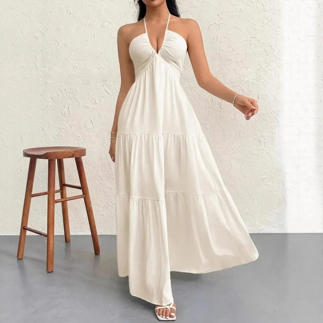 Elegant Backless V-Neck A-Line Dress for Women, Pleated Ankle-Length Summer Wedding Guest Dress
