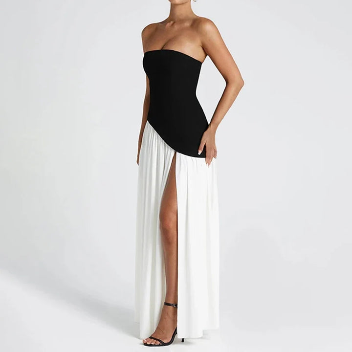 Elegant Strapless Maxi Dress with Patchwork Scarf Collar and High Split for Summer Evening Events