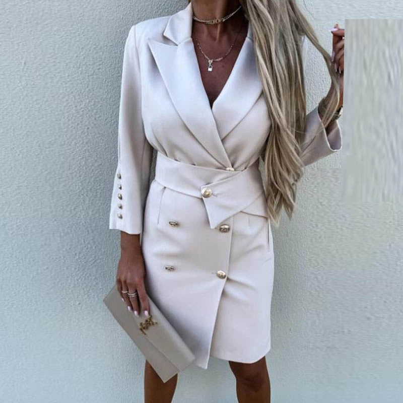Elevated women’s blazer dress – double-breasted, polyester-cotton blend, for formal occasions