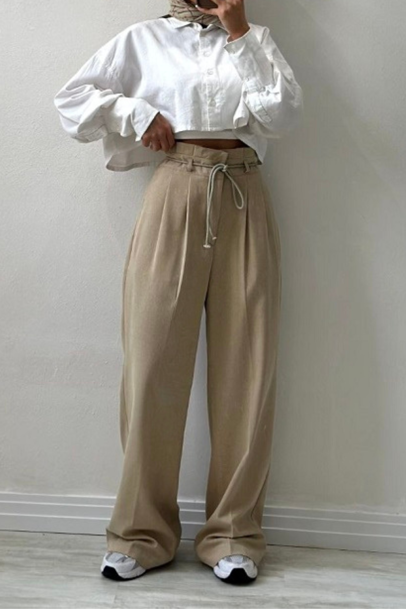 High-Waisted Pleated Trousers for Women with Drawstring Waist, Cotton Blend, Regular Fit, Versatile Casual or Dressy Style