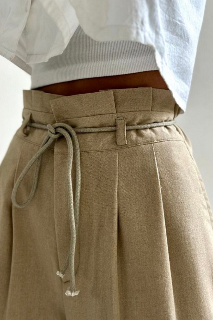 High-Waisted Pleated Trousers for Women with Drawstring Waist, Cotton Blend, Regular Fit, Versatile Casual or Dressy Style