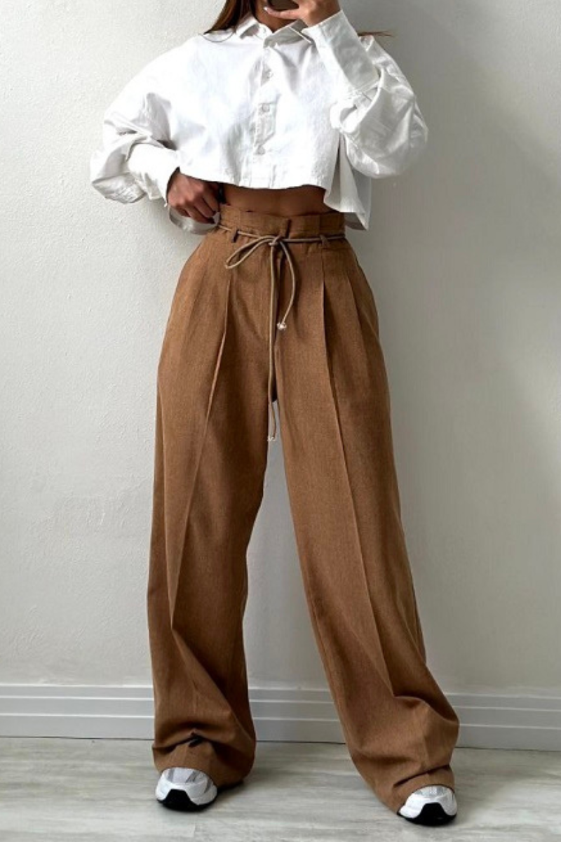 High-Waisted Pleated Trousers for Women with Drawstring Waist, Cotton Blend, Regular Fit, Versatile Casual or Dressy Style