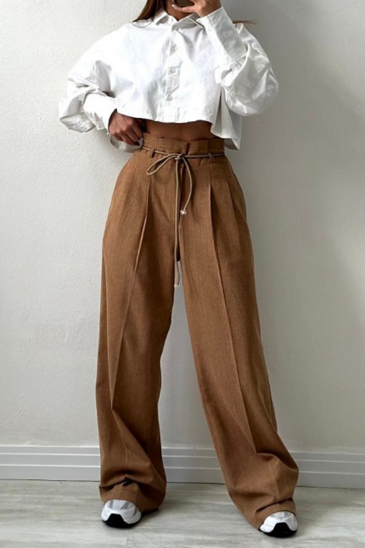 High-Waisted Pleated Trousers for Women with Drawstring Waist, Cotton Blend, Regular Fit, Versatile Casual or Dressy Style
