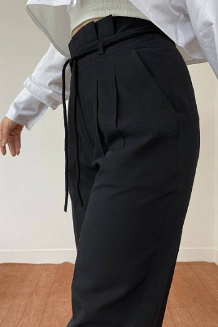 High-Waisted Pleated Trousers for Women with Drawstring Waist, Cotton Blend, Regular Fit, Versatile Casual or Dressy Style