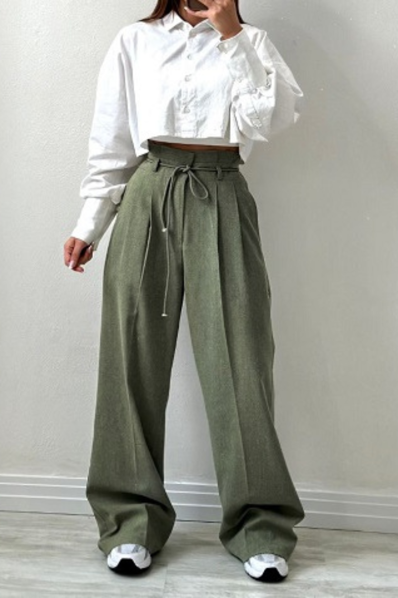 High-Waisted Pleated Trousers for Women with Drawstring Waist, Cotton Blend, Regular Fit, Versatile Casual or Dressy Style