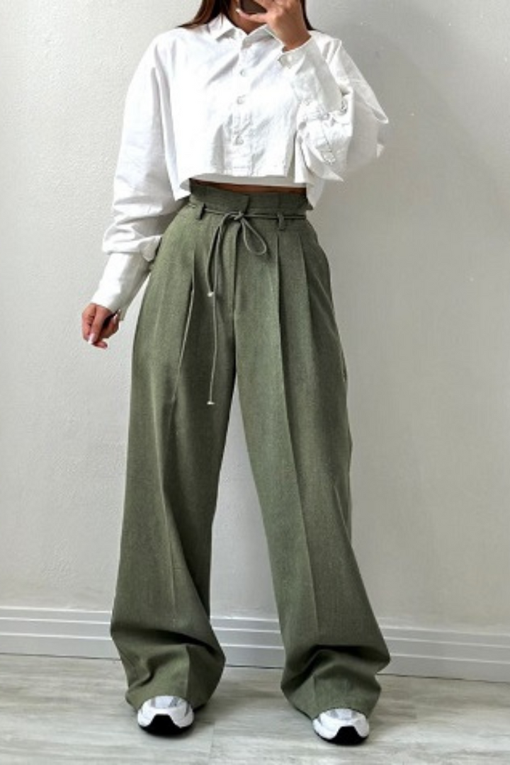 High-Waisted Pleated Trousers for Women with Drawstring Waist, Cotton Blend, Regular Fit, Versatile Casual or Dressy Style
