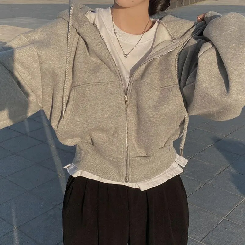 Oversized Cozy Women Zip Hoodie - Relaxed Cropped Cotton