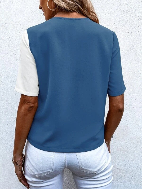 Lightweight women’s blouse – V-neck, short sleeves, made from elastane and polyester, for office and casual wear