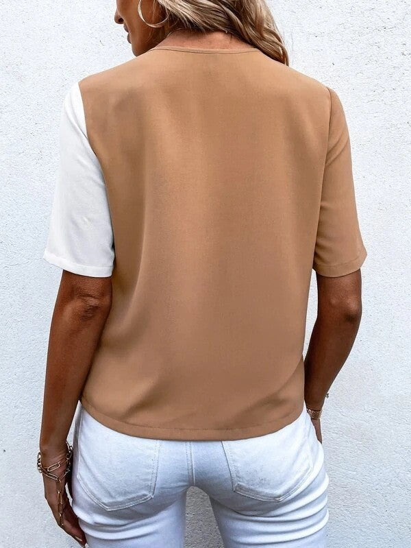 Lightweight women’s blouse – V-neck, short sleeves, made from elastane and polyester, for office and casual wear