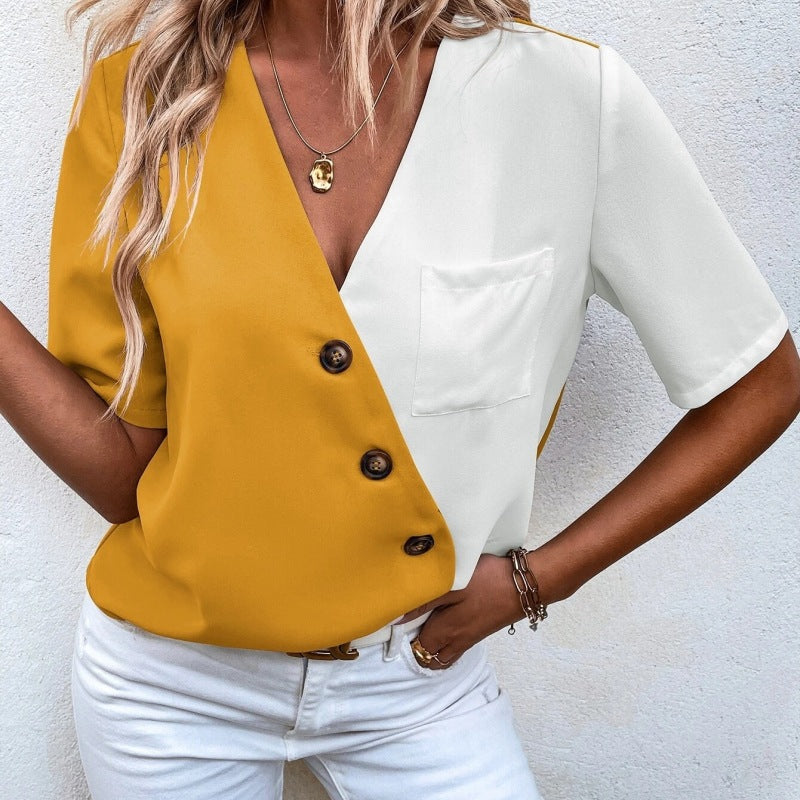 Lightweight women’s blouse – V-neck, short sleeves, made from elastane and polyester, for office and casual wear