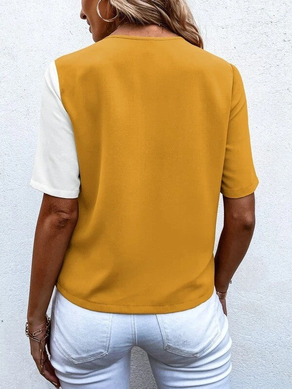 Lightweight women’s blouse – V-neck, short sleeves, made from elastane and polyester, for office and casual wear