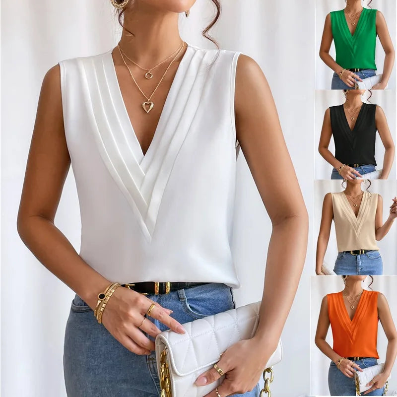 Lightweight &amp; flattering women’s blouse – sleeveless pleated design, high-quality fabric, for elegant occasions
