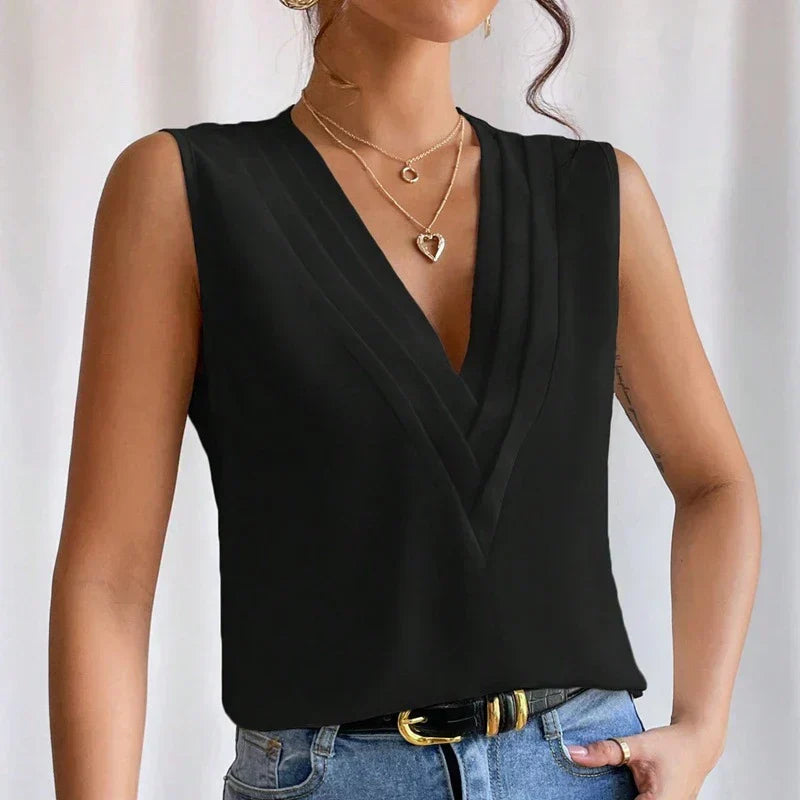 Lightweight &amp; flattering women’s blouse – sleeveless pleated design, high-quality fabric, for elegant occasions