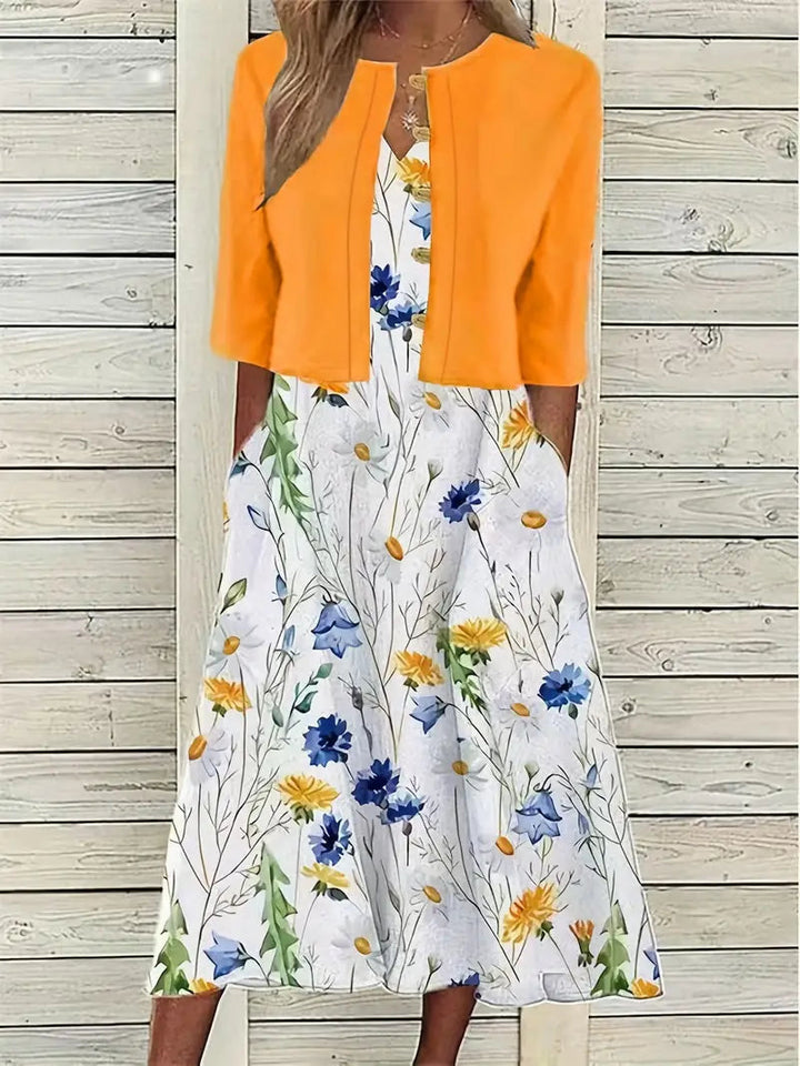 Flowy women’s maxi dress – fitted floral skirt with solid crop top, for weddings or special occasions
