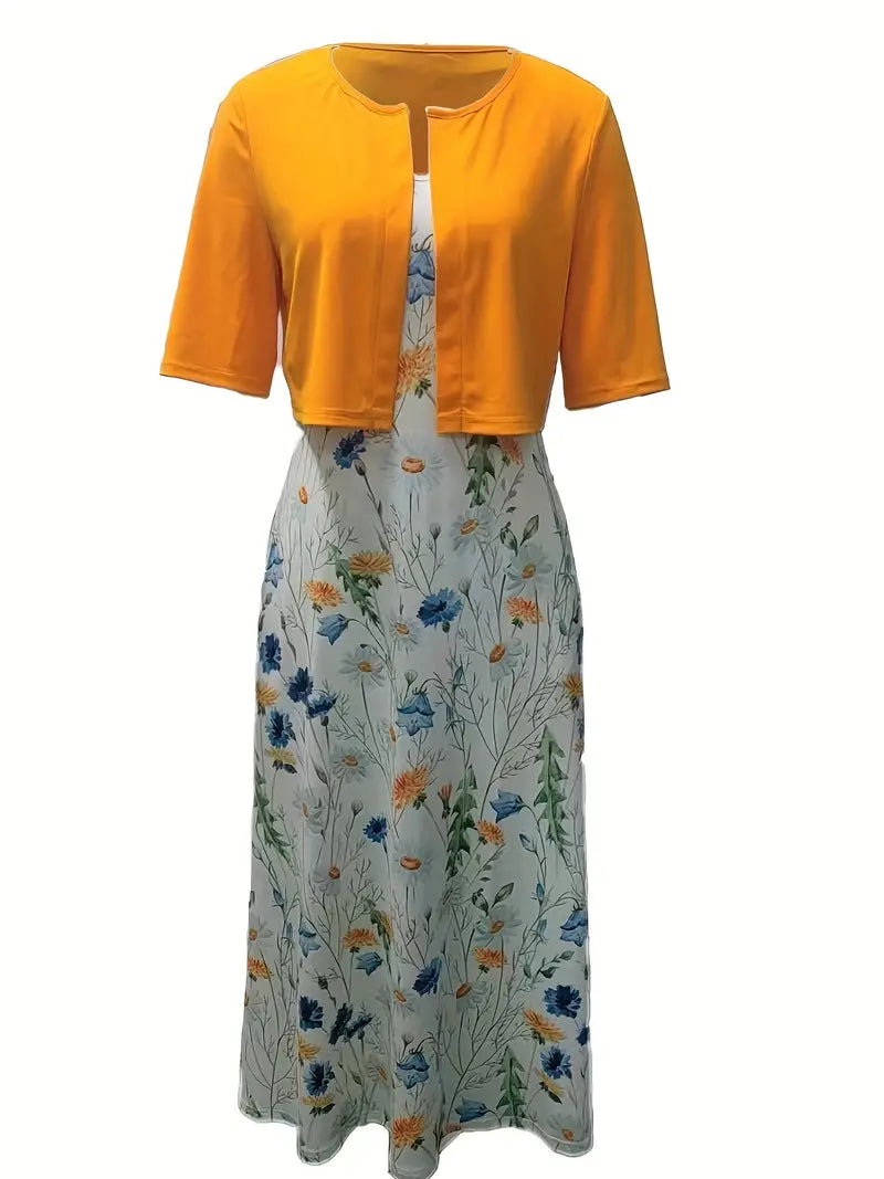 Flowy women’s maxi dress – fitted floral skirt with solid crop top, for weddings or special occasions