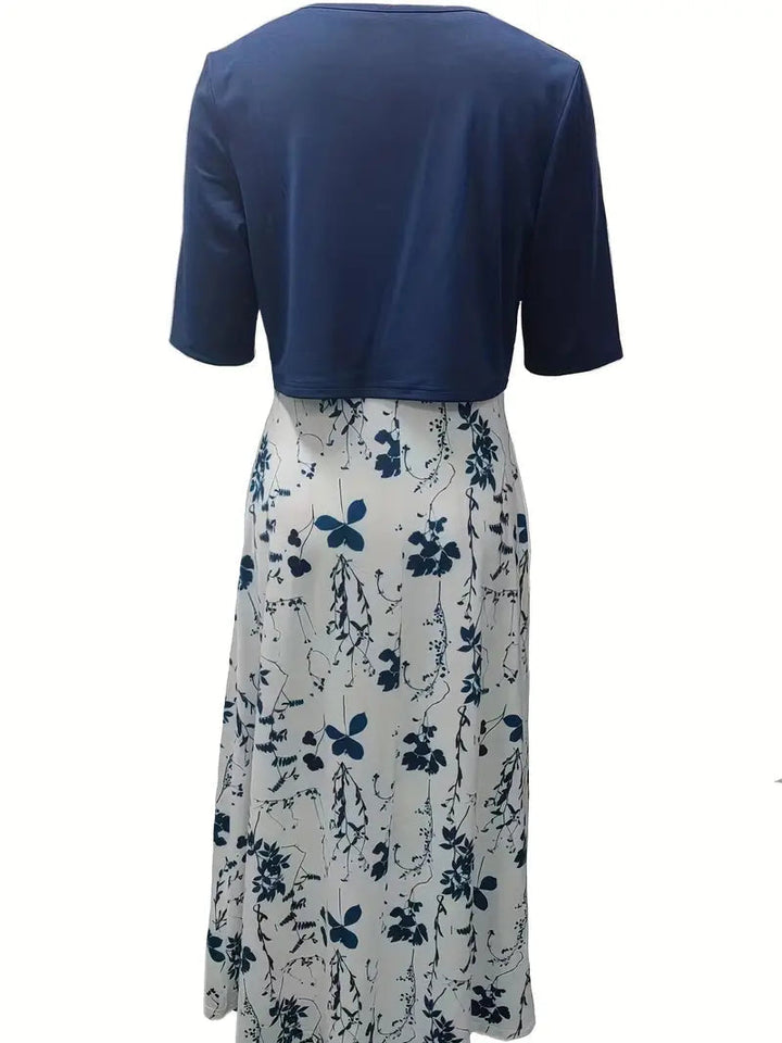Flowy women’s maxi dress – fitted floral skirt with solid crop top, for weddings or special occasions
